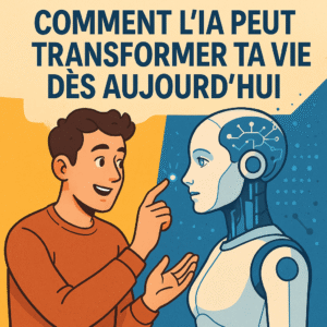 Illustration montrant une personne interagissant avec une intelligence artificielle sur un écran, symbolisant comment l’IA transforme la vie quotidienne
